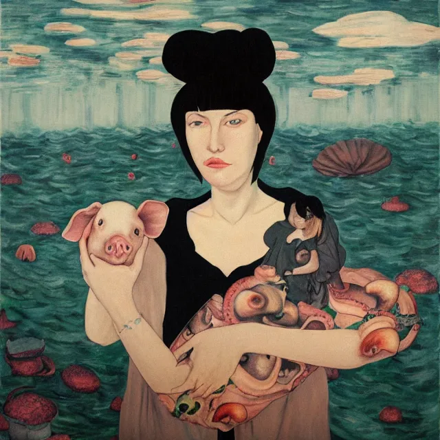 Image similar to tall female emo artist holding a pig's head in her flooded apartment, mushrooms, octopus, water gushing from ceiling, painting of flood waters inside an artist's apartment, a river flooding indoors, pomegranates, ikebana, zen, rapids, waterfall, black swans, canoe, berries, acrylic on canvas, surrealist, by magritte and monet