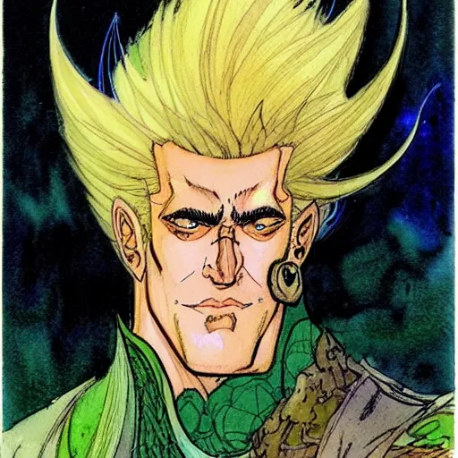 Prompt: a realistic and atmospheric watercolour fantasy character concept art portrait of johnny bravo as a druidic warrior wizard looking at the camera with an intelligent gaze by rebecca guay, michael kaluta, charles vess and jean moebius giraud