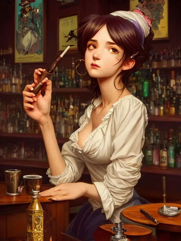 Image similar to full body picture of a girl with tobacco pipe in the bar rounge, bored, beautiful and aesthetic, intricate, unreal engine, messy hair, highly detailed, detailed face, smooth, sharp focus, chiaroscuro, manga illustration, artgerm, greg rutkowski, ilya kuvshinov, rossdraws, alphonse mucha, young adult light novel cover art