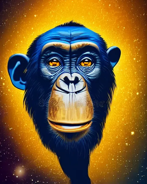 Prompt: blue, gold, very detailed high resolution illustration portrait of a chimpanzee head floating in space, backlit, night covered in stars, 3 d, 8 k, extremely detailed, artstation, award winning, sharp focus, illustration