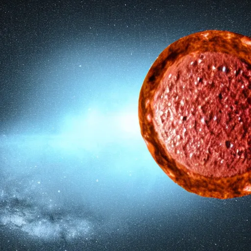 Prompt: a distant star or planet that looks like a slice of chorizo black background