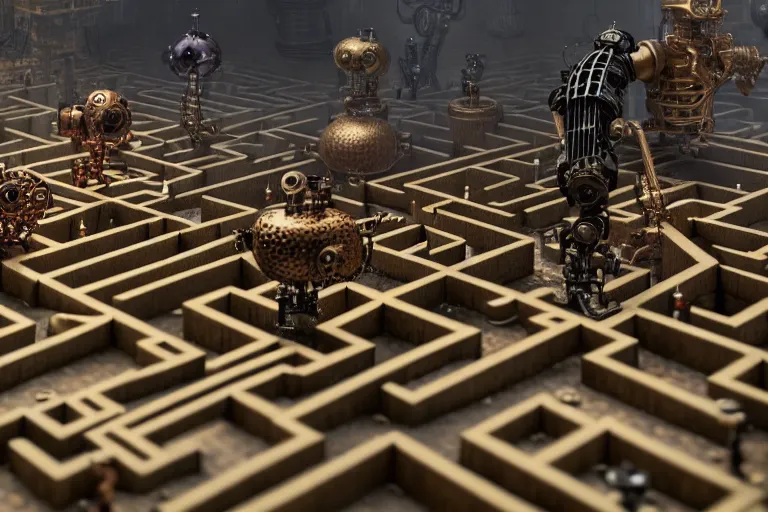 Image similar to steampunk robots in a maze by otto dix, tilt shift, ultra realistic, unreal engine, trending on artstation, 4 k