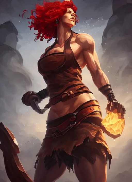 Image similar to a highly detailed illustration of fierce red haired blacksmith woman wearing blacksmith apron, muscular, dramatic pose, intricate, elegant, highly detailed, centered, digital painting, artstation, concept art, smooth, sharp focus, league of legends concept art, wlop.