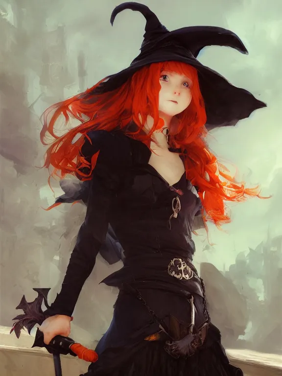 Image similar to Full shot of a cute mischievous young witch about to get up to some trouble. Black and Orange palette. By Ruan Jia and Artgerm and Range Murata and WLOP and CLAMP. Key Art. Fantasy Illustration. award winning, Artstation, intricate details, realistic, Hyperdetailed, 8k resolution.