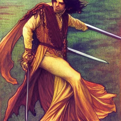 Image similar to a golden swordsman leans back as he dances elegantly in the wind, his robes and long hair flowing in the breeze, his enemies lying on the ground below, fantasy, Mucha, MTG, Game of Thrones, salsa dancing, Rossetti, Millais