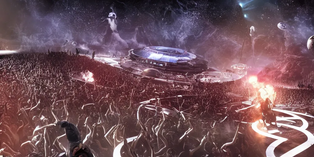 Prompt: a metal concert on an alien planet at the edge of space, drummer, singer, guitarist playing a metal song on a massive architectural stage, backstage point of view, massive crowd gathering, cinematography, unreal engine 5, ray tracing, epic, masterpiece, editorial