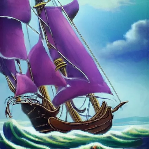 Image similar to A pirate on the high seas that has magical pearlescent shimmering see through sails