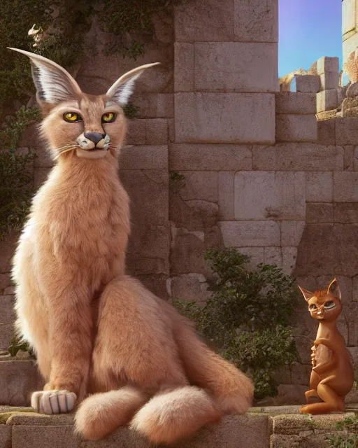 Image similar to fullbody photo of humanoid cute fluffy caracal dressed in toga, sun behind him, ancient greek city, sunny day, by ilya kuvshinov, rtx rendering, octane render 1 2 8 k, maya, extreme high intricate details by tom bagshaw, medium shot, composition by sana takeda, lighting by greg rutkowski