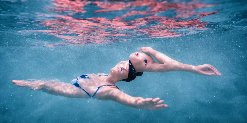 Image similar to woman swimming and breaking the surface of the water, underwater photography with light scattering and water refractions, smooth
