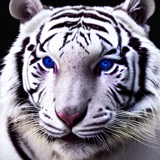 Image similar to realistic photo portrait of a white tiger | blue eyes | colorful blue eyes | cinematic photo | cinematic shot | epic | 8k resolution | realistic | hyperrealistic