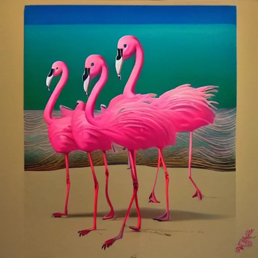 Image similar to ten melting pink flamingos in the style of Dali