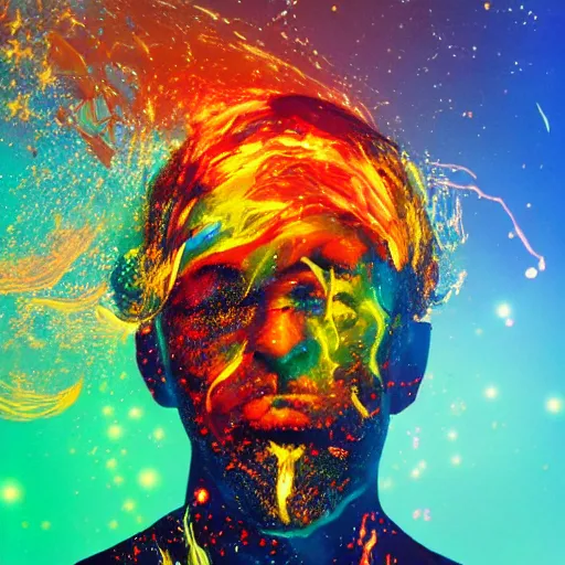 Prompt: what's inside my head when listening to good music, glowing, fire, gold, paint 3D splashes