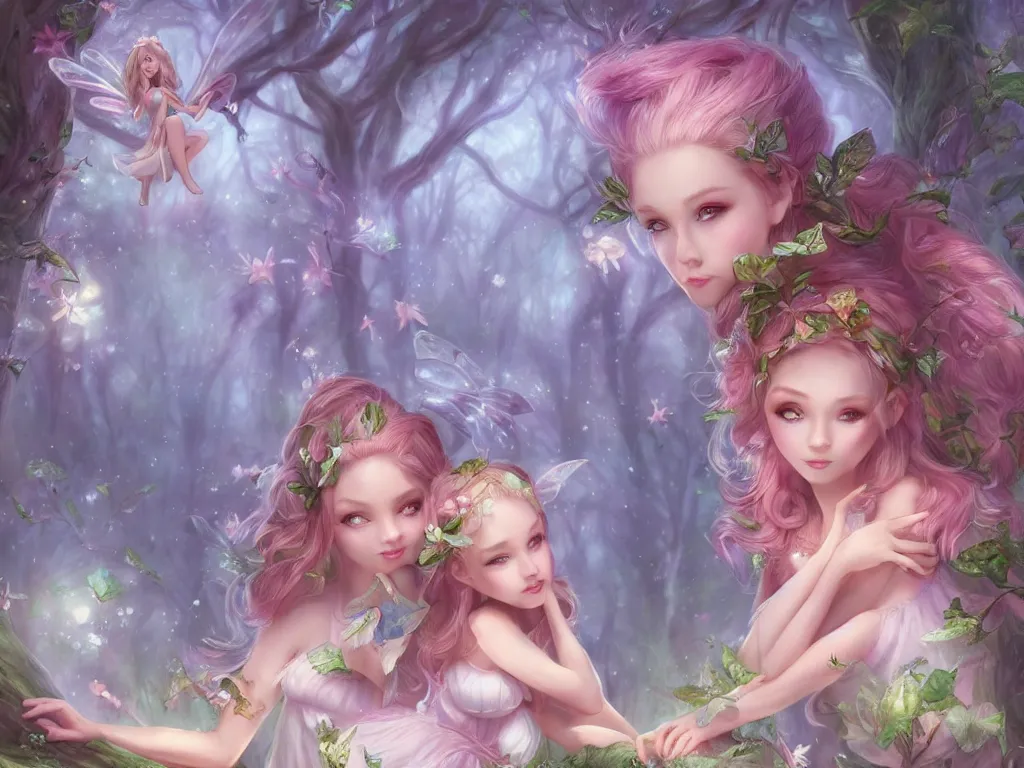 Image similar to two cute fairy in the dreamy forest, fantasy, dreamlike, 8 k resolution, hyper detailed, d & d, character design, digital painting, trending on artstation, sharp focus, illustration, art by artgerm, viktoria gavrilenko, hoang lap, fuji choko, steve zheng