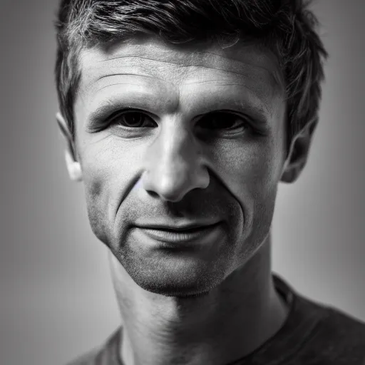 Prompt: thomas muller standing while posing for a photo, award winning photography, hdr, studio lighting, dynamic pose, medium close shot, shot on canon eos r 5, f / 2. 5,