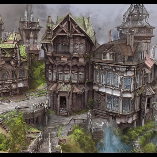 Image similar to magical final fantasy inspired town, european, highly detailed, unreal engine, concept art