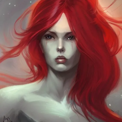 Image similar to a woman with red hair in a dark cave, concept art by Magali Villeneuve, deviantart contest winner, fantasy art, concept art, dark and mysterious, d&d