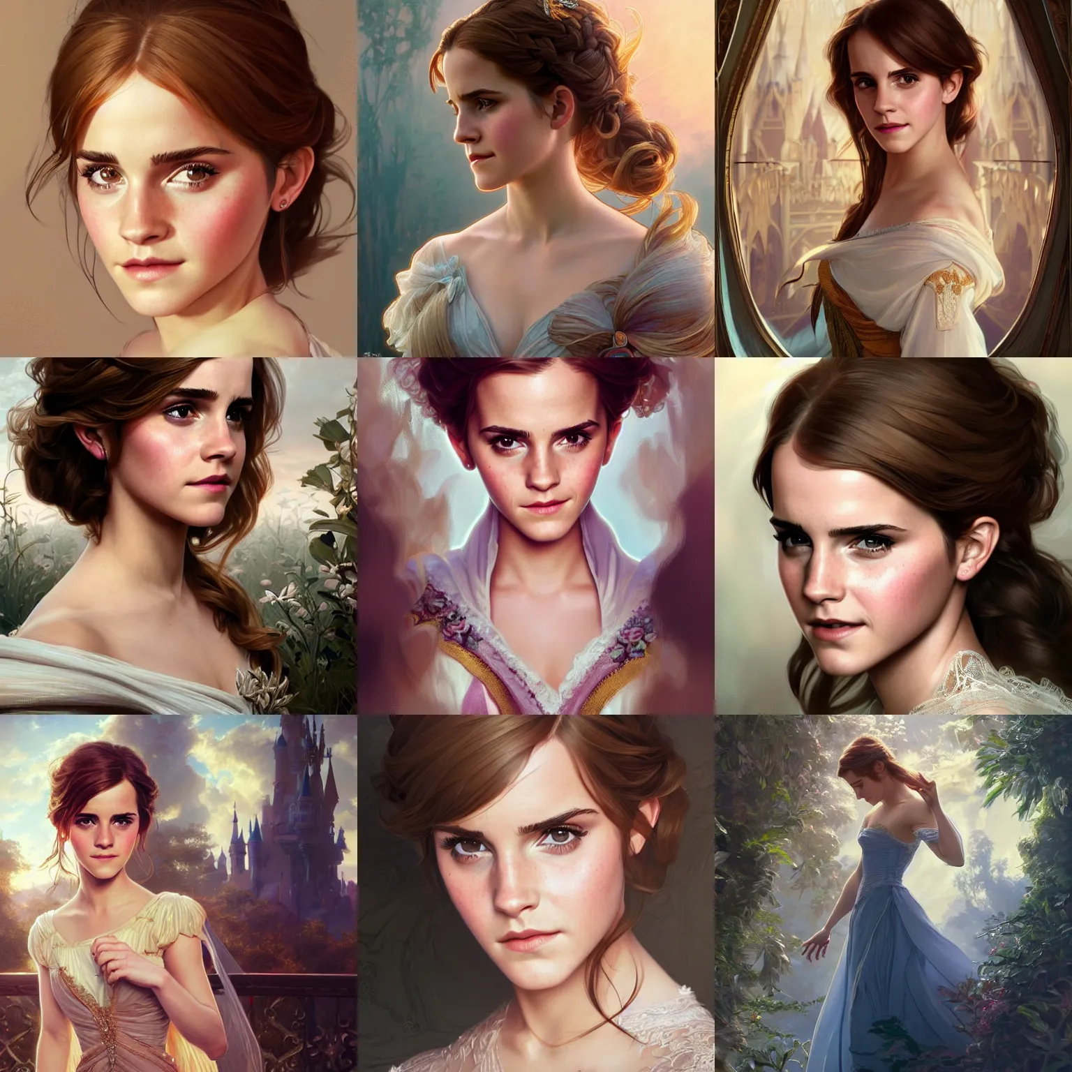 Prompt: ultra realistic illustration, wide angle shot, emma watson as disney princess, intricate, elegant, highly detailed, digital painting, artstation, concept art, smooth, sharp focus, by artgerm and greg rutkowski and alphonse mucha