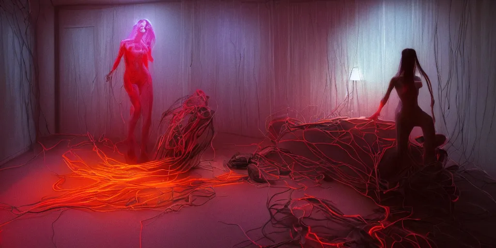 Image similar to rgb, glowing, extreme rage, maximalist bedroom, woman, cinematic, movie scene, inspired by zdzislaw beksinski, clothes made out of veins,, cables everywhere, bedroom, ultra realistic, concept art, intricate details, highly detailed, photorealistic, octane render, 8 k