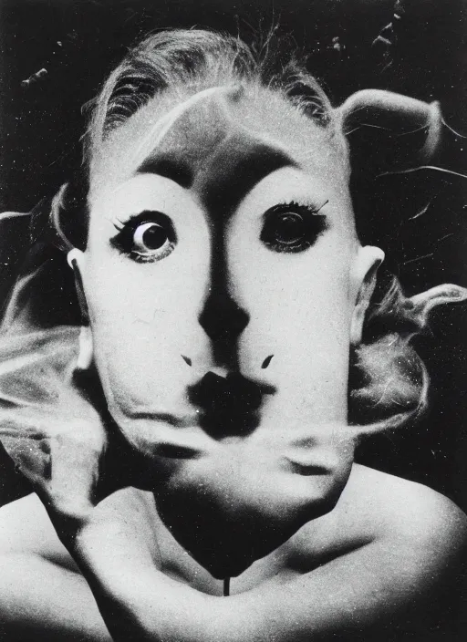Image similar to female head in a aquarium, lights caustic, tropical fish, surreal photography by Man Ray and Claude Cahun
