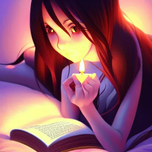 Prompt: a beautiful girl with long dark hair, lying in bed while reading a book, night time, dark, illuminated by candle light, sharp focus, intricate, digital painting, artstation, official media, anime key visual, highly detailed, rich vivid colors, ambient lighting, dynamic lighting, illustration, art by Artgerm, Makoto Shinkai, Ilya Kuvshinov, Lois Van Baarle, and Rossdraws