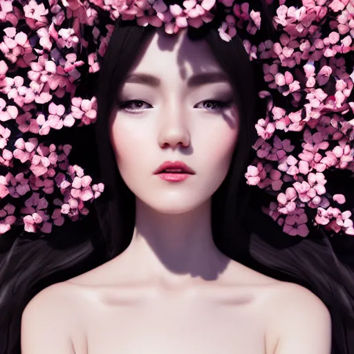 Prompt: beautiful girl in a dress made of black roses and cherry blossoms, beautiful portrait, symmetrical, character concept style trending on artstation concept art detailed octane render cinematic photo - realistic 8 k high detailed
