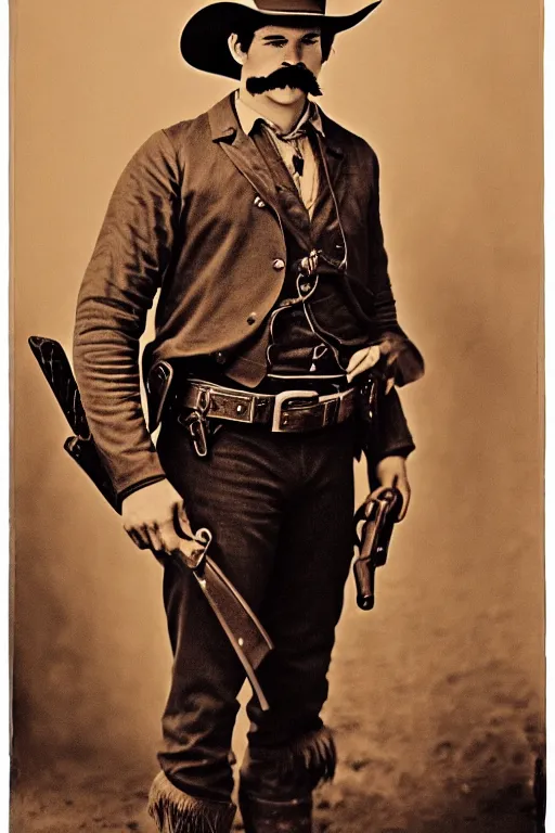 Prompt: highly photorealistic matte portrait of young val kimer as wyatt earp from tombstone set against a western town, intricate detail, attention to details, warm color scheme, volumetric lighting