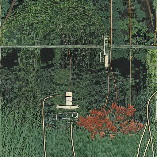 Prompt: Tangled wires in a laboratory overgrown with aquatic plants in the style of Hasui Kawase