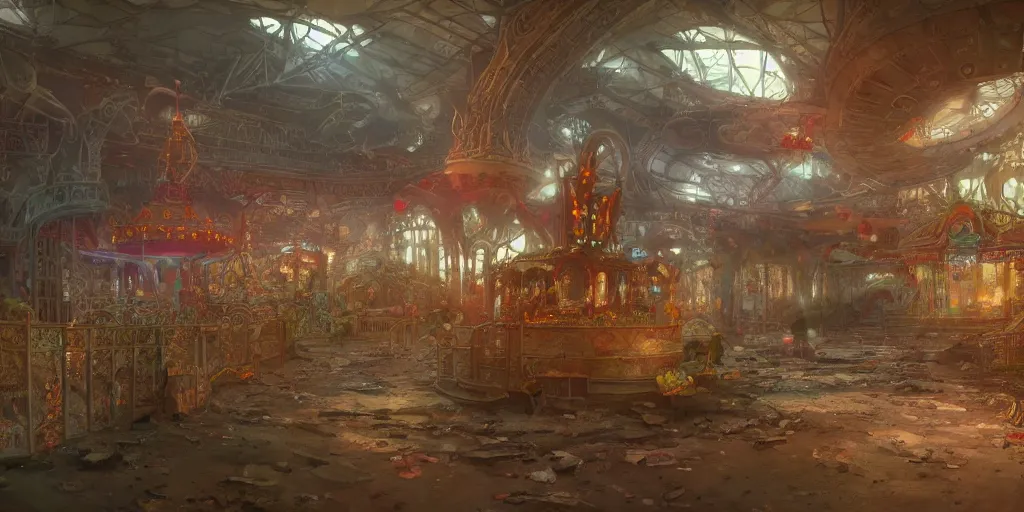 Prompt: abandoned amusement park interior design, Moebius, Greg Rutkowski, Zabrocki, Karlkka, Jayison Devadas, Phuoc Quan, trending on Artstation, 8K, ultra wide angle, pincushion lens effect.