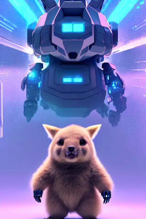 Image similar to high quality 3 d render sci - fi very cute mecha! & fluffy! wombat!! hybrid fighting, highly detailed, unreal engine cinematic smooth, in the style of detective pikachu & blade runner, hannah yata charlie immer, dark blue neon light, low angle, uhd 8 k, sharp focus