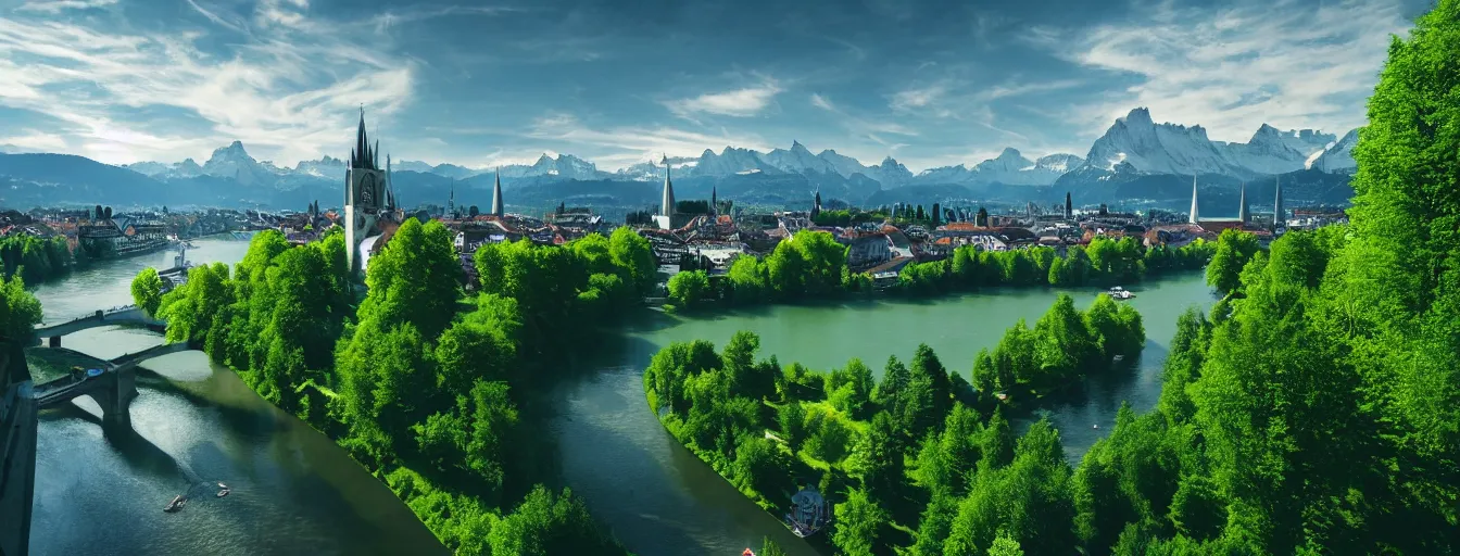 Image similar to Photo of Zurich, looking down the river at the lake and the alps, Hardturm, Grossmünster, wide angle, trees, volumetric light, hyperdetailed, green water, artstation, cgsociety, 8k