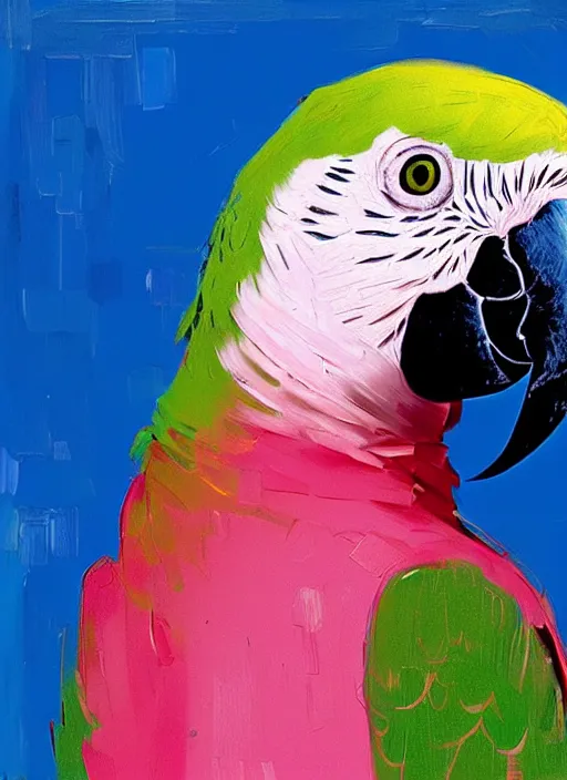 Image similar to portrait of a beautiful parrot, shades of pink and blue, beautiful face, rule of thirds, spotlight, by greg rutkowski, by jeremy mann, by francoise nielly, by van gogh, digital painting