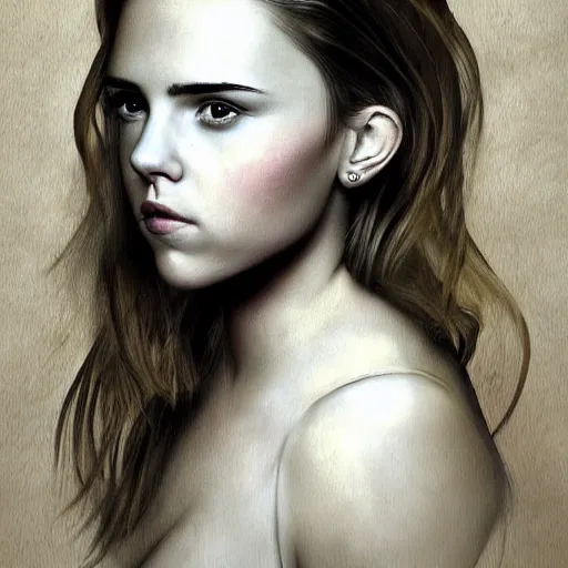 Image similar to portrait of girl who look like a mix of emma watson, scarlett johansson, nathalie portman, very detailled, by artgem