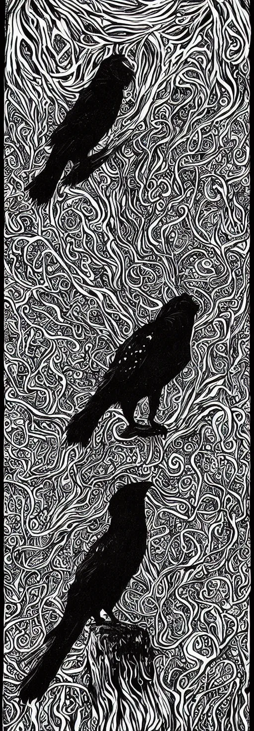 Image similar to psychedelic, monochrome artwork!!, of a single raven and deer combined, in front of an owl that is a window into the ocean, by didier comes, graphic novel art,