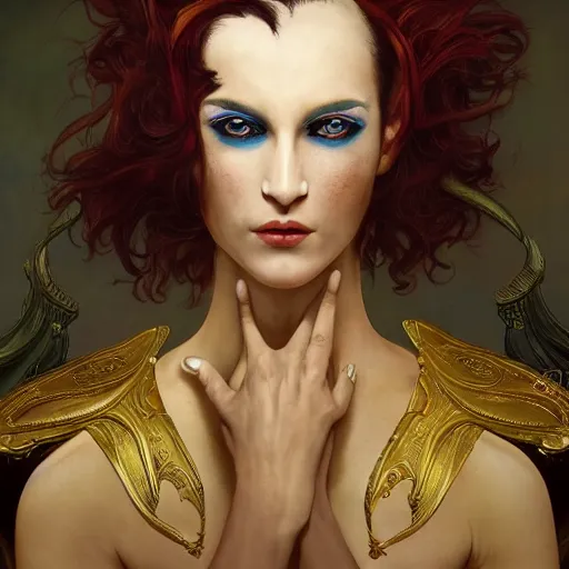 Image similar to a beautiful and androgynous half - elf with almond skin tone and messy short red hair and catlike features with yellow eyes with slit pupils, dressed in a jodhpuri suit, dnd character, golden aura, realistic portrait by ross tran and gerald brom and kehinde wiley and fernando amorsolo and alphonse mucha, trending on artstation