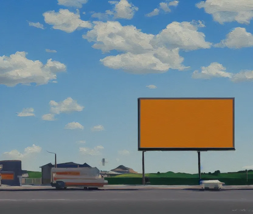 Image similar to a very detailed painting of one ad billboard, baby blue sky with very aesthetic stylized clouds, in the style of edward hopper, very small brushstrokes, 4 k,