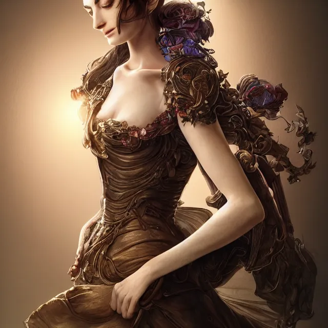 Image similar to the portrait of the lawful good alignment personified as anne hathaway, absurdly beautiful, graceful, elegant, sophisticated, young woman, an ultrafine hyperdetailed illustration by kim jung gi, irakli nadar, intricate linework, bright colors, octopath traveler, final fantasy, unreal engine 5 highly rendered, global illumination, radiant light, detailed and intricate environment