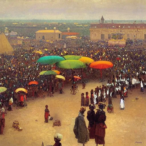 Prompt: dahomey officials with flat colorful umbrellas in ahomey's huge main square, from above, 1905, highly detailed, oil on canvas, by ilya repin