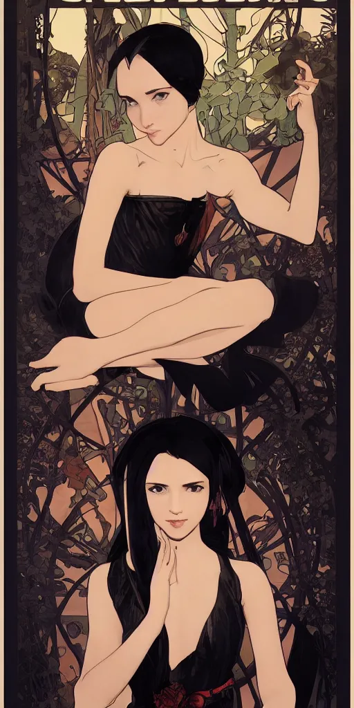 Image similar to character poster of young girl with straight long black hair wearing black dress sitting in bath, poster by capcom art team collaborating with artgem, greg rutkowski and alphonse mucha