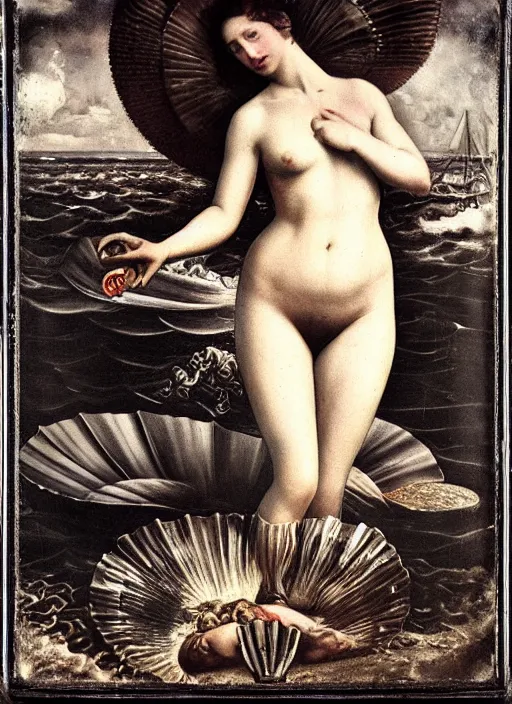 Prompt: old wetplate daguerreotype portrait of birth of venus, explosion of data fragments, fractal, intricate, elegant, highly detailed, parallax, leica, medium format, subsurface scattering, portrait, elegant, highly detailed, matte painting, by stanley spencer