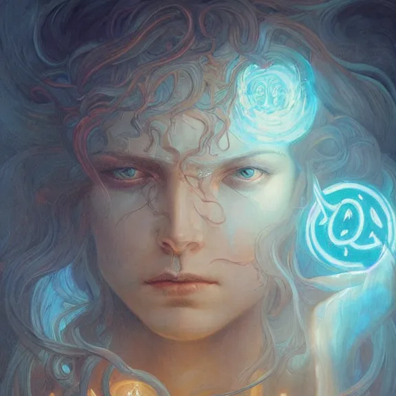 Prompt: a highly detailed portrait in the style of jean delville and in the style of peter mohrbacher. glowing rune of magical power.