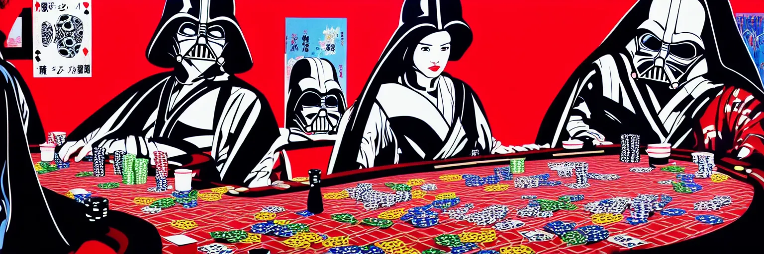 Image similar to hyperrealism composition of the detailed woman in a japanese kimono sitting at an extremely detailed poker table with darth vader, terminator, fireworks on the background, pop - art style, jacky tsai style, andy warhol style, acrylic on canvas