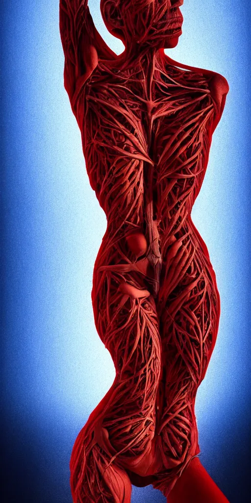 Image similar to poster design, full body anatomical model, 3 d photographic render of a deconstructed asymmetric human anatomical correct human body, in hoc signo vinces, waterfall, in the style of leonora carrington, gottfried helnwein, intricate composition, blue light by caravaggio, insanely quality, highly detailed, masterpiece, red light, artstation