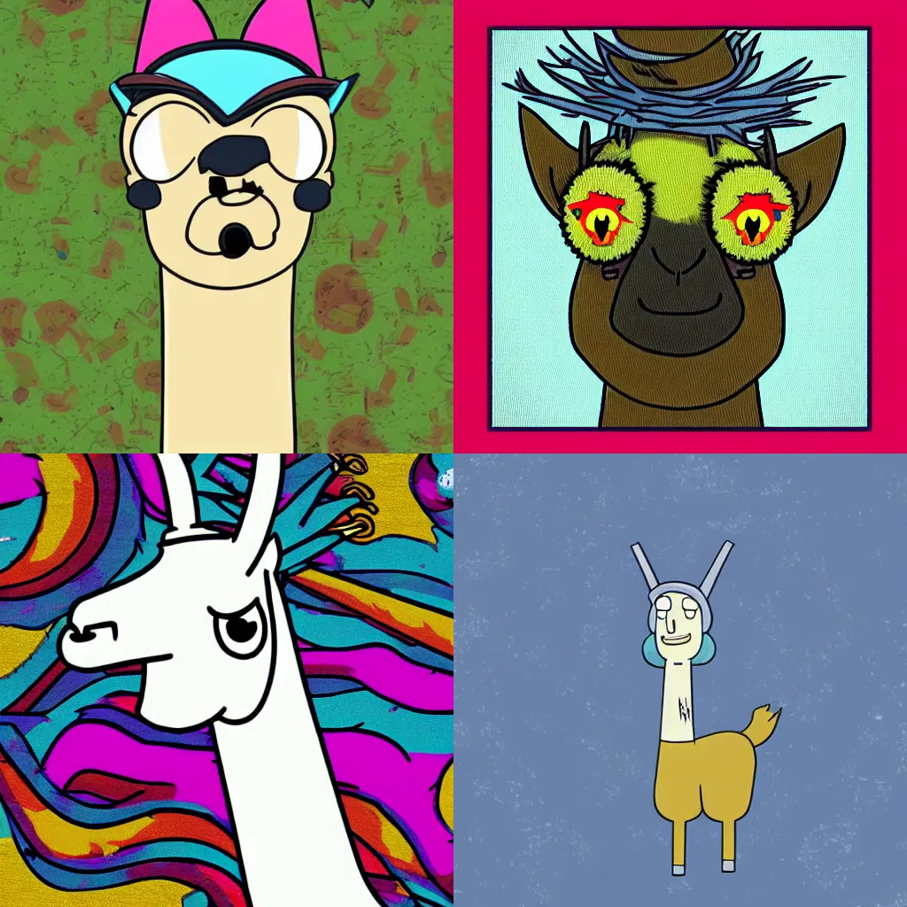 Prompt: a llama in the style of rick and morty