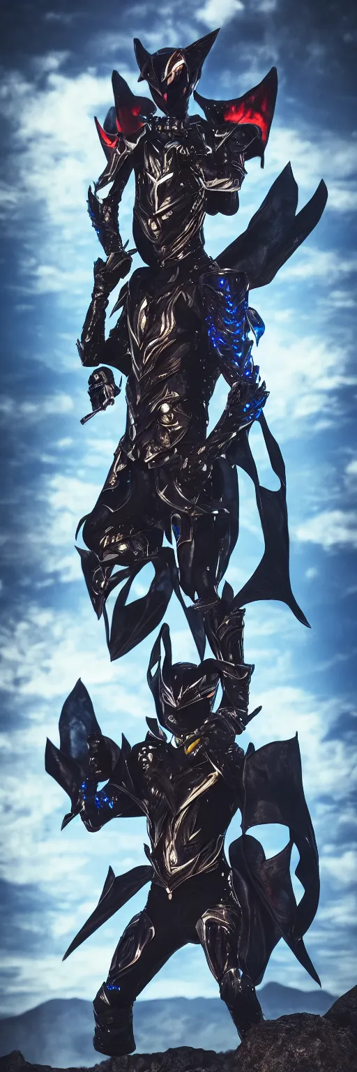 Prompt: High Fantasy Kamen Rider standing in a rock quarry, 4k, glowing eyes, daytime, rubber suit, dark blue segmented armor, dragon inspired armor, centered