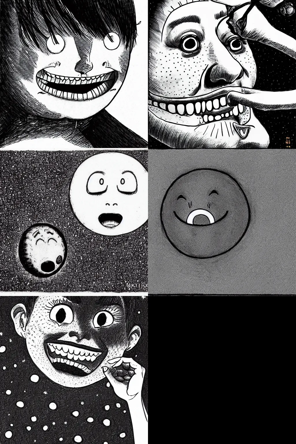 Prompt: The Moon smiling with a drool, drawing by Junji Ito