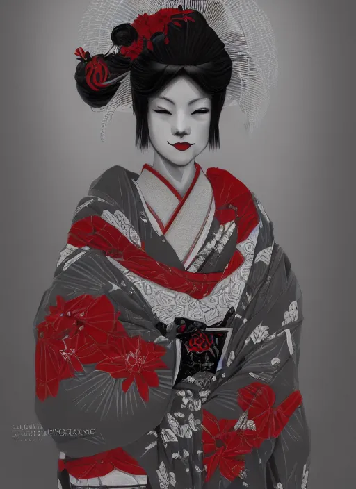 Image similar to maiko in a world of nighmare, fluent composition, red white and black, concept art, ambient light, 4 k, intricate details, highly professionally detailed, cgsociety, highly detailed -