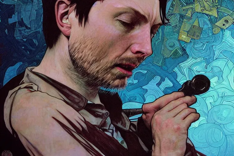 Prompt: hyper realistic portrait of radiohead paranoid android, by lee bermejo, alphonse mucha and greg rutkowski