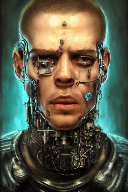 Image similar to illustration of an male cyberpunk character wearing bionic implants, criminal mugshot, solid black background, mugshot, mugshot, gritty, gritty, highly detailed, oil on canvas, soft lighting, muted, pastel colors, by WLOP and Greg Staples, HD, 4K