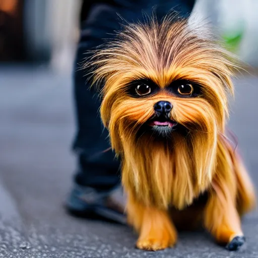 Image similar to a small dog on a leash that looks like Chewbacca, short depth of field, 4k, photorealistic