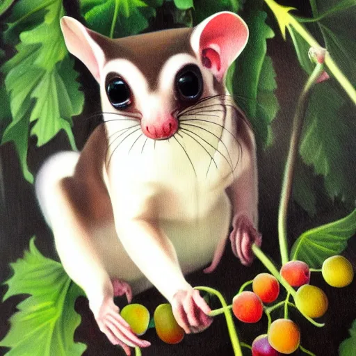 Prompt: sugar glider eating grapes in a fantasy forest, oil painting, romanticism - n 4